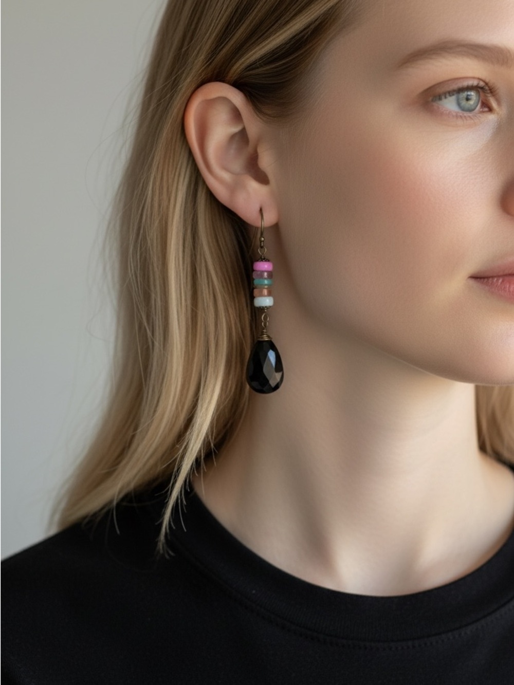 10/11 Handcrafted Black Teardrop Earrings with Pink and Turquoise Beads